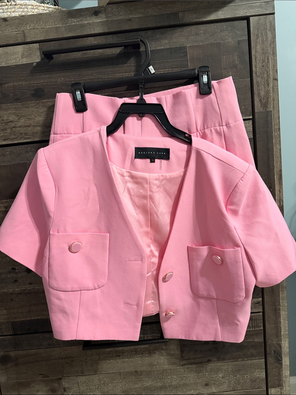 endless rose Pink Short Sleeve Cropped Blazer and matching skirt